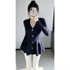 Vestido feminino de manga longa com babados, acinturado e emagrecedor, novo estilo de outono, decote V francês, de botões, vestido de tricô inspirado na Chanel