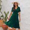 Nuevo Vestido Cruzado con Cuello en V de Amazon, Vestido de Tirantes de Cintura Alta, Color Puro, Vestido Largo de Manga Corta, Vestido de Vacaciones para Viajar