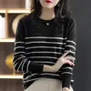 Nuevo suéter de punto 100% algodón de otoño para mujer, camiseta básica de rayas con bloques de color y cuello redondo, top fino versátil para mujer