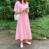 Foto Real de Estilo Chique com Mangas Caídas para Mulheres Baixas, Vestido de Linho Fashion e Simples de Cor Pura com Gola V e Bolso Grande de Aba