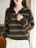 Suéter de Punto con Cuello de Piel Sintética de Mapache Otoño/Invierno 2025 Manga Larga para Mujer Bloque de Color Rayas Botones Jersey Camisa Base Top