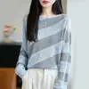 Suéter Camiseta Nuevo para Mujer Primavera, Otoño, Invierno, Estilo Casual, Tejido Calado en Contraste de Color, Cuello Redondo, Corte Holgado, Versátil, Adelgazante