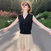 Cárdigan de punto de seda helada estilo francés con cuello en V para mujer, top de punto de manga corta, nuevo top popular de verano sin mangas 2026
