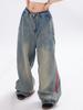 Jiayiku Marca de Moda Calle Alta Americana Vintage Lavado Jeans para Hombre y Mujer Personalizados Vibe Costura Rayada Pantalones de Pierna Recta