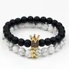 Conjunto de joyería para pareja transfronterizo: Set de pulseras con corona incrustada de diamantes, piedra volcánica mezclada con piedra mate negra, diamante negro