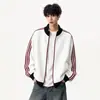 Sudadera con capucha de punto gofre estilo deportivo americano para hombre y mujer, nuevo estilo de otoño, chaqueta abrigo holgada casual a rayas con cuello alto