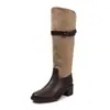 Botas altas de mujer de piel de vaca y ante, colección otoño e invierno, punta redonda, tacón medio grueso, diseño de bloques de color, botas hasta la rodilla