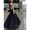 Vestido Suspensório French Tea Break para Mulheres Verão 2025 Novo Elegante de Alta Qualidade Efeito Emagrecedor na Cintura Saia Longa Preta