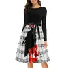 C072 Vestido retro de gran tamaño con cuello redondo y manga larga con estampado de costuras para mujer, estilo transfronterizo, comercio exterior