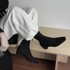 Belleza Estilo Coreano~Botas Delgadas de Gamuza con Aumento Interno Otoño e Invierno 2025 Tacón Medio Punta Cuadrada Elásticas de Apariencia Adelgazante Botines Cortos