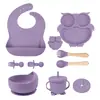 Prato de Silicone Mais Vendido da Amazon para Crianças, Kit de 9 Peças com Babador para Bebês Aprenderem a Beber, Conjunto de Garfo e Colher, Tigela de Comida, Refeição Infantil