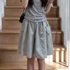 Shorts casuales de tiro alto, corte holgado, pierna recta, de longitud media, color caqui claro, estilo americano, para mujer, para usar en verano