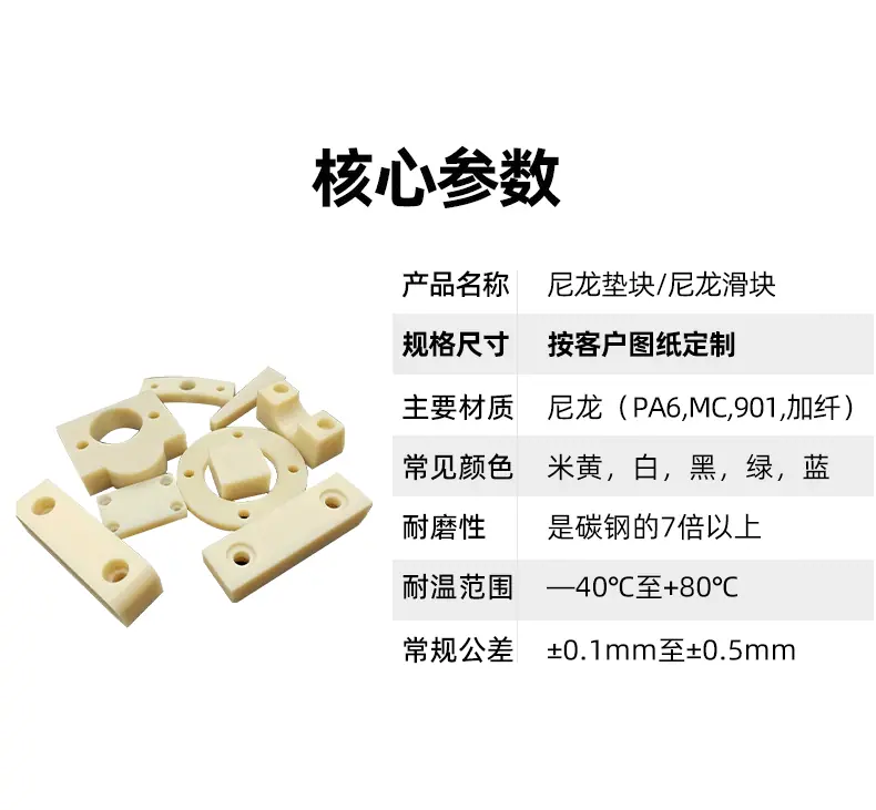 尼龙垫块核心参数 耐磨是碳钢7倍 耐温-40~80