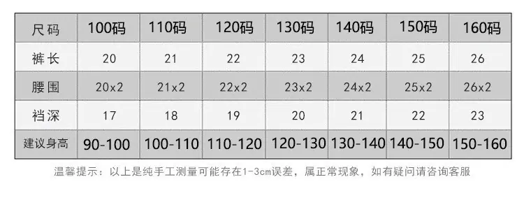 尺码表安全裤螺纹