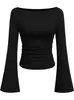 Camiseta Base de Color Liso Adelgazante con Cintura Ceñida, Manga Larga, Estilo Europeo y Americano Chica Picante, de Un Hombro con Manga Acampanada, Larga, para Mujer, Nuevo Estilo 26