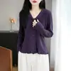 Cardigan de malha fino de lã com lapela, estilo novo de primavera, com bordas plissadas, jaqueta top solta estilo coreano roxa para mulheres