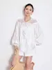 Nanyou Qualidade 2026 Primavera Novo Top Renda Vazado para Mulheres, Estilo Francês Solto Manga Lanterna Estilo Elegante Gentil Camisa