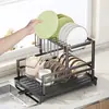 Escurridor de platos para encimera de fregadero de cocina, estante de almacenamiento con drenaje sin taladro, portavasos y escurridor de platos multifuncional para el hogar