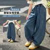 Pantalones elegantes de primavera y otoño para niñas, diseño de retazos de pierna recta, adecuados para niños y niñas mayores, pantalones de mezclilla anchos de otoño