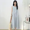2026 Nuevo Vestido Casual Largo sin Mangas de Algodón y Lino Estilo Coreano Cuello Redondo Holgado Color Sólido Estilo Relajado