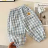 Calças xadrez anti-mosquito para meninos e meninas, estilo coreano de verão, novas calças jogger infantis com desenho animado, modelo fino