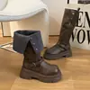 Botas de Cuero de Suela Gruesa de Dos Vías de Nicho Botas Altas de Montar Moda Femenina Estilo Coreano Hebilla Botas de Motocicleta Adelgazantes Botas Largas
