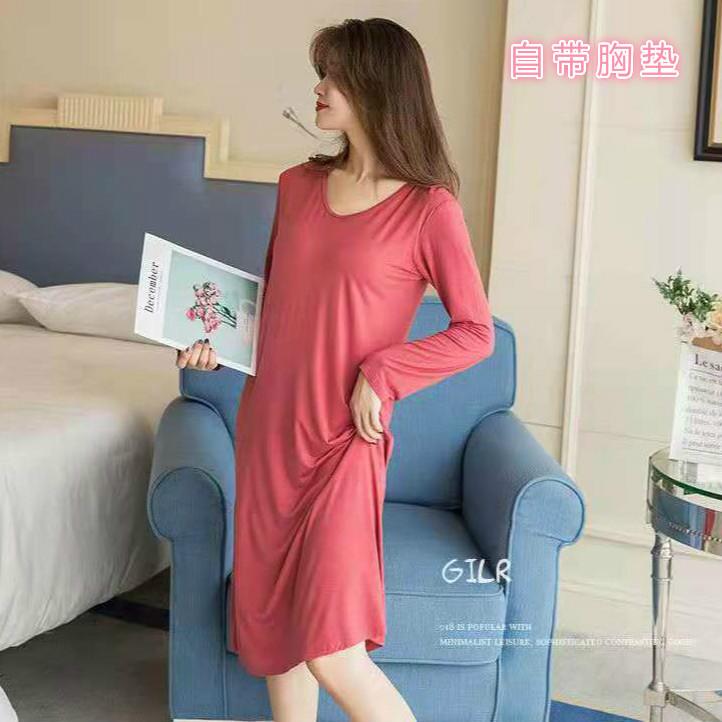 纯色带垫睡裙-酒红-长