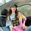 Camiseta de Algodón Puro con Gradiente de Color Contrastante Difuminado para Mujer, Estilo Lindo Estampado de Gato, Top Holgado que Cubre el Vientre