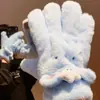 Lindos Guantes de Felpa de Gato Azul de Cinco Dedos para Mujer, Guantes Gruesos de Invierno Cálidos Forrados de Felpa, Resistentes al Viento para Ciclismo, Nuevo Modelo 2026