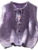 Colete de tricô redondo, curto, de caimento solto para mulheres, nova coleção de outono, suéter versátil roxo, efeito emagrecedor, top estilo japonês