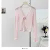 Cárdigan de Punto Fino con Mangas Largas, Cuello en V, Diseño de Retazos con Volantes, Estilo Puro Deseo, para Mujer, Otoño, Top Corto Ajustado