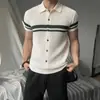 2026 Verão Masculino Tendência Gola Lapela Streetwear Blusa Color Block Manga Curta Camisa Polo Masculina Listra Cinza Damasco Listra Damasco Preto