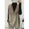 Colete de tricô retrô estilo coreano com decote em V e comprimento médio, com caimento solto e modelador, perfeito para usar em camadas.