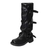 Hebilla de cinturón de cuero sintético botas de moda western para mujer 2026 otoño nuevo estilo botín plisado botas de caña alta