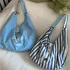 Bolsa de Lona de Grande Capacidade para Mulheres 2026 Novo Estilo Listrada com Letras Bolsa de Ombro/Axila para o Dia a Dia Bolsa Tote Dupla Face