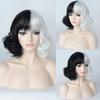Peluca Blanca y Negra para Cosplay de Cruella, Cabello Corto Rizado Estilo Europeo y Americano, Stock Listo de Fábrica, Cabello Corto Estilo Europeo y Americano