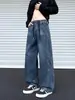 Jeans de guadaña con cordón retro americano para hombre, lavados deconstruidos, estilo patchwork, pierna recta holgada, caída, pantalones largos de alta costura