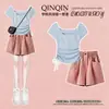 Estilo Coreano Niños Medianos y Grandes Llegada Nueva Verano 2026 Diseño de Moño Top Color Sólido Pantalones Cortos con Bolsillo Conjunto de Dos Piezas Moderno