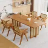 Conjunto de Mesa de Jantar e Cadeiras em Madeira Maciça e Rattan Tecido Mesa de Jantar Simples para Casa Restaurante Mesa de Centro Retangular e Cadeiras Estilo Wabi-Sabi Pousada