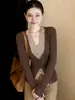 Cardigan Suéter de Tricô Gola V Halter Falso Duas Peças Outono Roupa Feminina 2026 Novo Estilo Quente Camada Base Top Interno