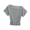 Camiseta corta de encaje con retazos, hombros descubiertos y manga corta para mujer, diseño de verano con efecto reductor y entallado en la cintura