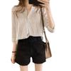 Cross-border verão nova moda coreana plus size gola redonda listrada camisa sete mangas top solto casual camisa na moda