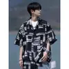Camisa de Manga Corta Estampada a Cuadros para Hombre, Estilo de Verano de Alta Gama, Camisa Atractiva de Media Manga, Chaqueta Delgada Casual Holgada de Seda Hielo