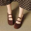 Sapato Mary Jane Artístico Retro de Lã Reversa Cashmere de Botão Duplo Primavera 2025 Novo Plano Bico Redondo Fivela de Couro Camada Única para Mulheres