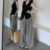 Traje Estilo Vacacional Top Chaleco Twist Estilo Francés Pantalones Verano para Mujer Retro Rayados Pierna Ancha Conjunto de Dos Piezas