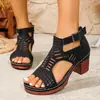 Novos Sapatos Romanos Femininos Boca de Peixe Salto Grosso Vazados Respiráveis 2026 Sandálias de Comércio Exterior Transfronteiriço Tamanho Grande Zíper Traseiro Salto Alto
