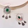 Novos Brincos Femininos Prata Estilo Chinês Retrô Ágata Verde Exótica Padrão Vazado Brincos com Franja de Calcedônia Amarela