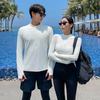 Traje de baño de pareja transfronterizo Corea del Sur Dongdaemun media cremallera blanco y negro conservador adelgazante que cubre el vientre traje de buceo con pantalones de manga larga