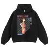 Moletom Preto Lavado Vintage com Estampa, Caimento Solto, Tamanho Grande, Estilo Anime Japonês, Peça de Outono/Inverno, Moletom Gola Redonda, Moletom com Capuz