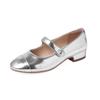 Sapatilhas Prata Femininas Versão Coreana 2026, Sapatos Pequenos de Couro Genuíno Color Block de Boca Rasa, Bico Redondo Versáteis Sapatos Mary Jane, Sola Reta